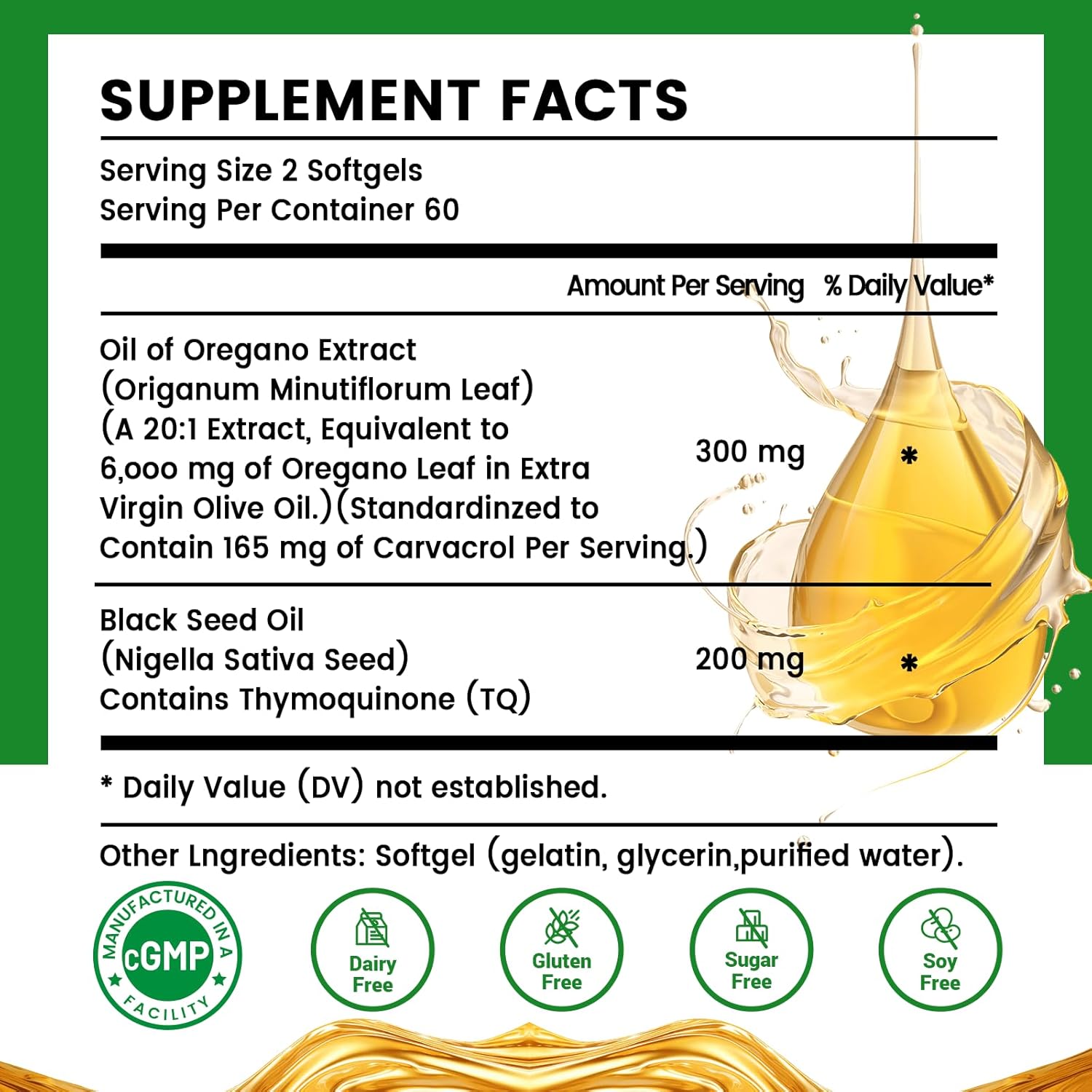 Oil of Oregano Softgels - Oil of Oregano with Black Seed Oil, Formulated with Carvacrol 165mg & Thymoquinone, 240 Softgels (2 Packs) - 120 Days Supply