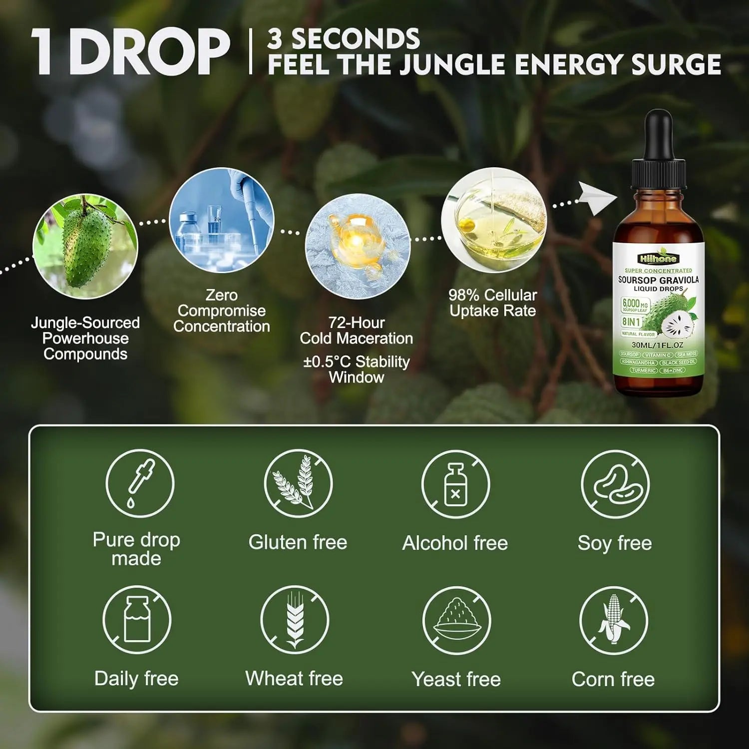 8 in 1 Graviola Soursop Leaf Extract Liquid - Soursop Bitters Liquid with Sea Moss, Ashwagandha and Tumeric, for Immune & Liver, Zzz & Antioxidant & Cell Support