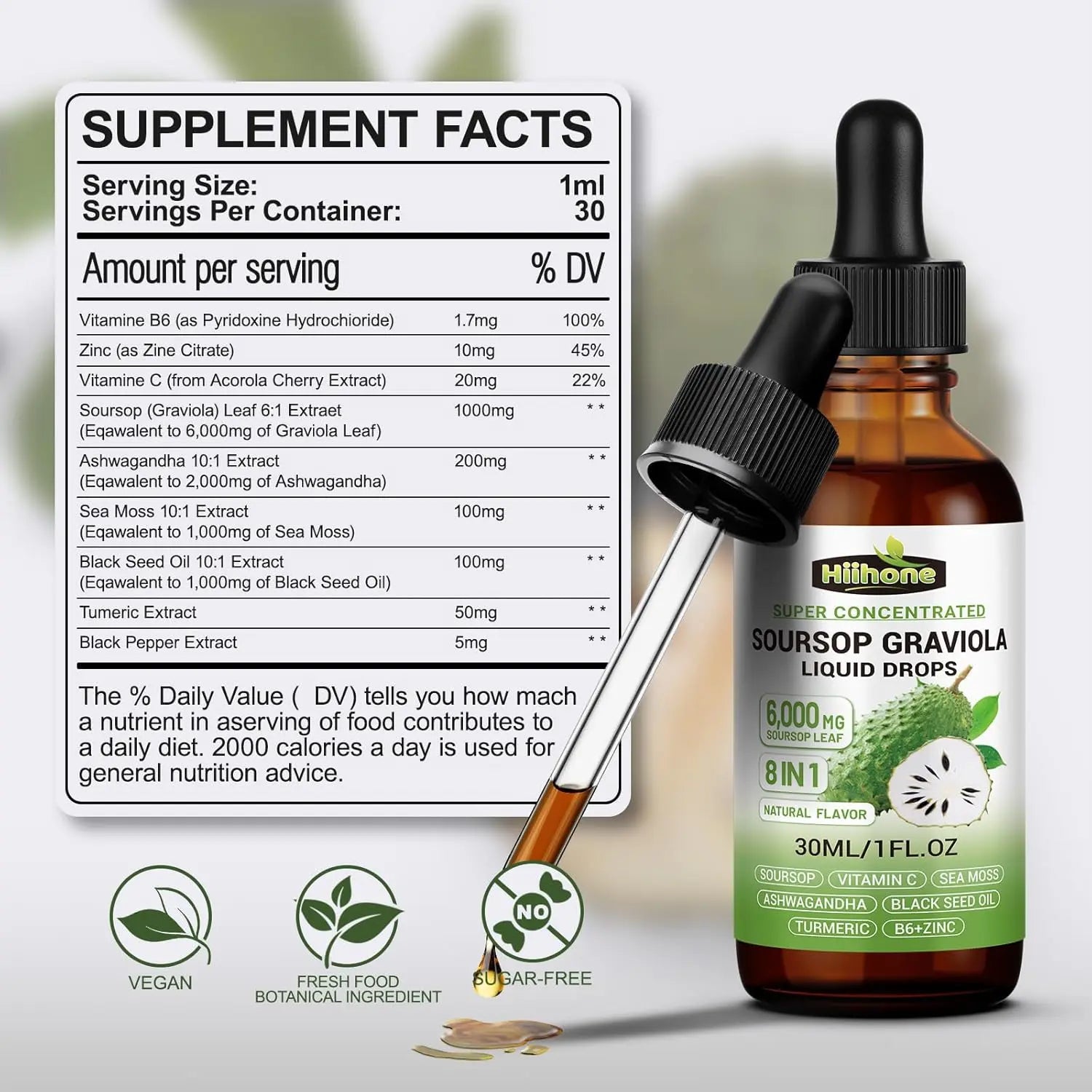 8 in 1 Graviola Soursop Leaf Extract Liquid - Soursop Bitters Liquid with Sea Moss, Ashwagandha and Tumeric, for Immune & Liver, Zzz & Antioxidant & Cell Support