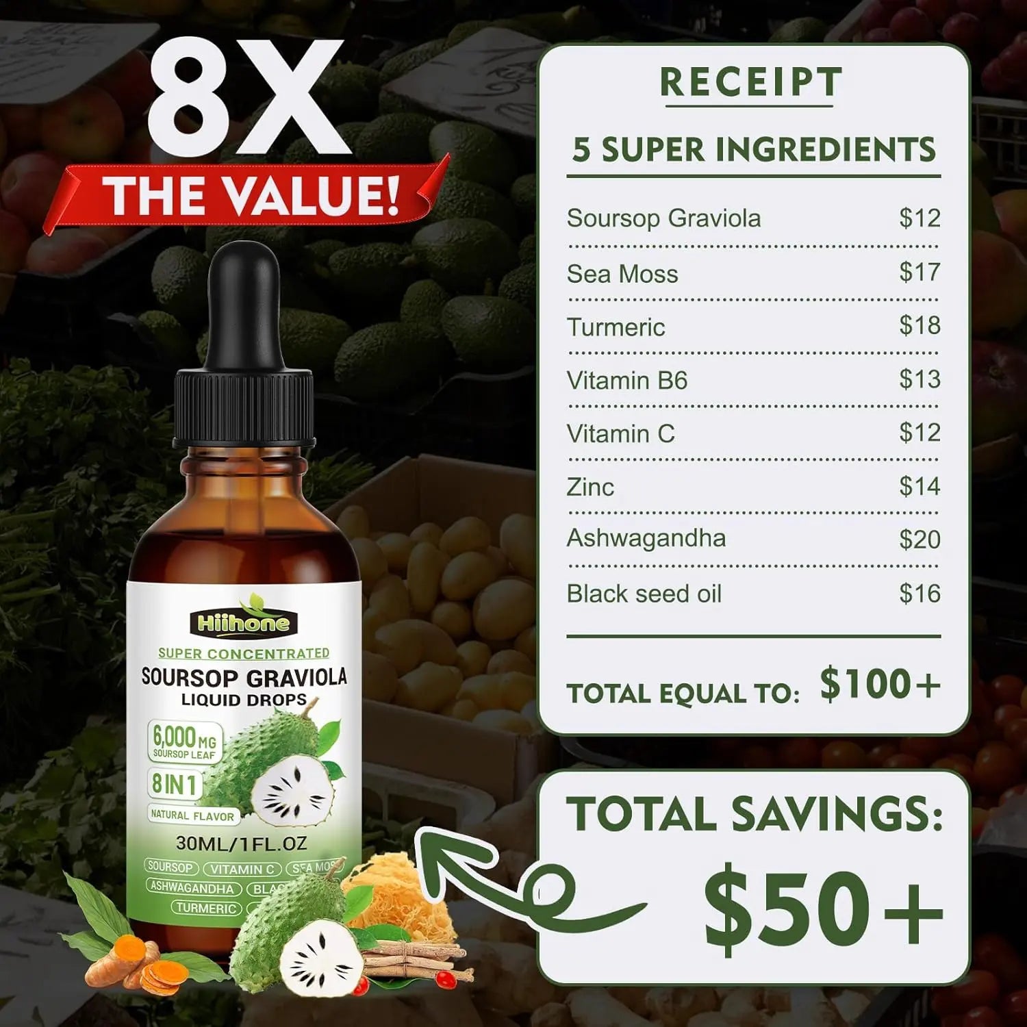 8 in 1 Graviola Soursop Leaf Extract Liquid - Soursop Bitters Liquid with Sea Moss, Ashwagandha and Tumeric, for Immune & Liver, Zzz & Antioxidant & Cell Support