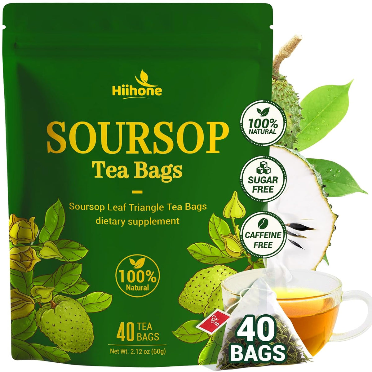 Soursop Leaf Herbal Tea (Graviola) - Caffeine & Sugar Free, 40 Teabags