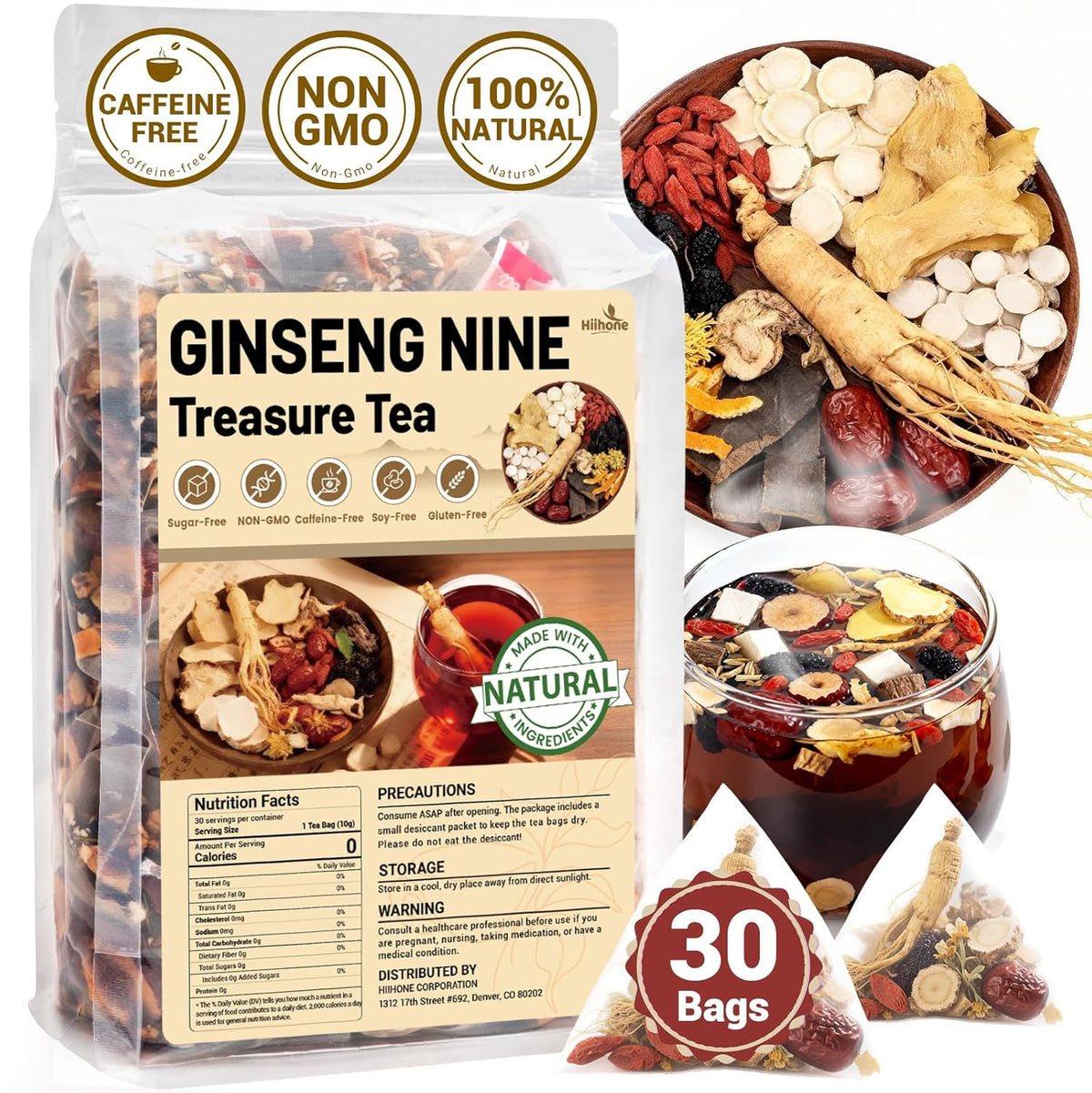 Ginseng Five Treasures Kidney Tea, Traditional Chinese Herbal TeaBags, Natural Kidney Cleanse Detox Tea for Women & Men, 9 Precious Ingredients Formula