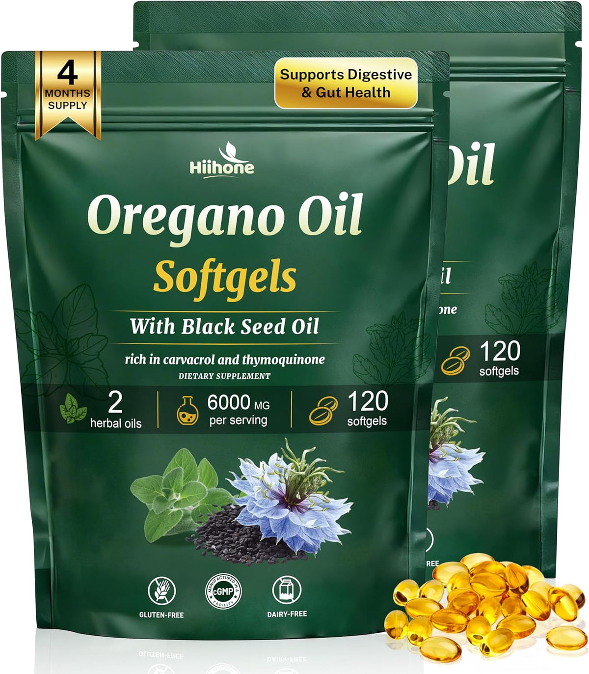 Oil of Oregano Softgels - Oil of Oregano with Black Seed Oil, Formulated with Carvacrol 165mg & Thymoquinone, 240 Softgels (2 Packs) - 120 Days Supply