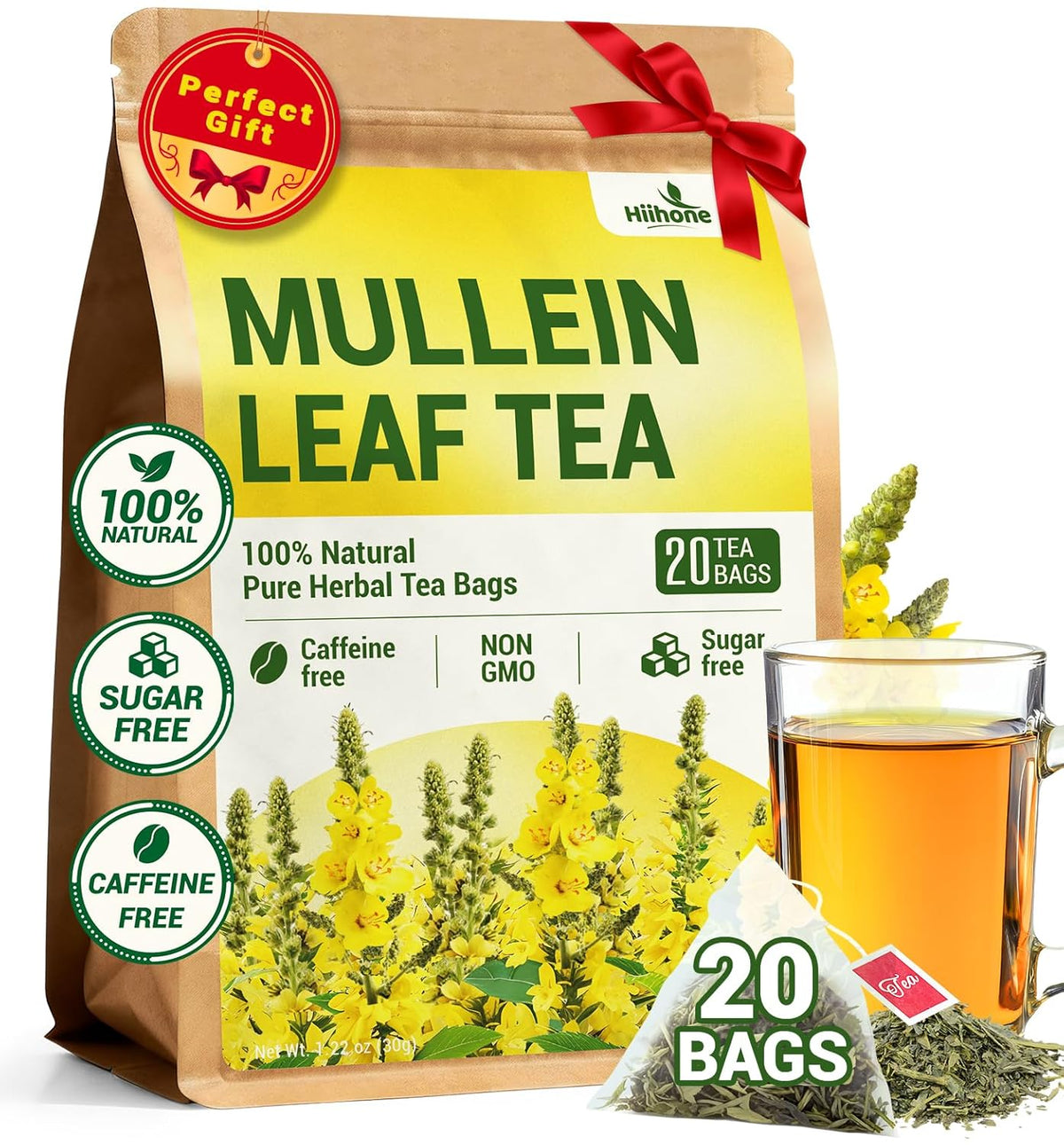 Hiihone Mullein Leaf Tea Bags for Lung Support, 20 Tea Bags, 100% Natural Herbal Tea from Mullein Leaves, Caffeine Free, No Sugar, No Additives