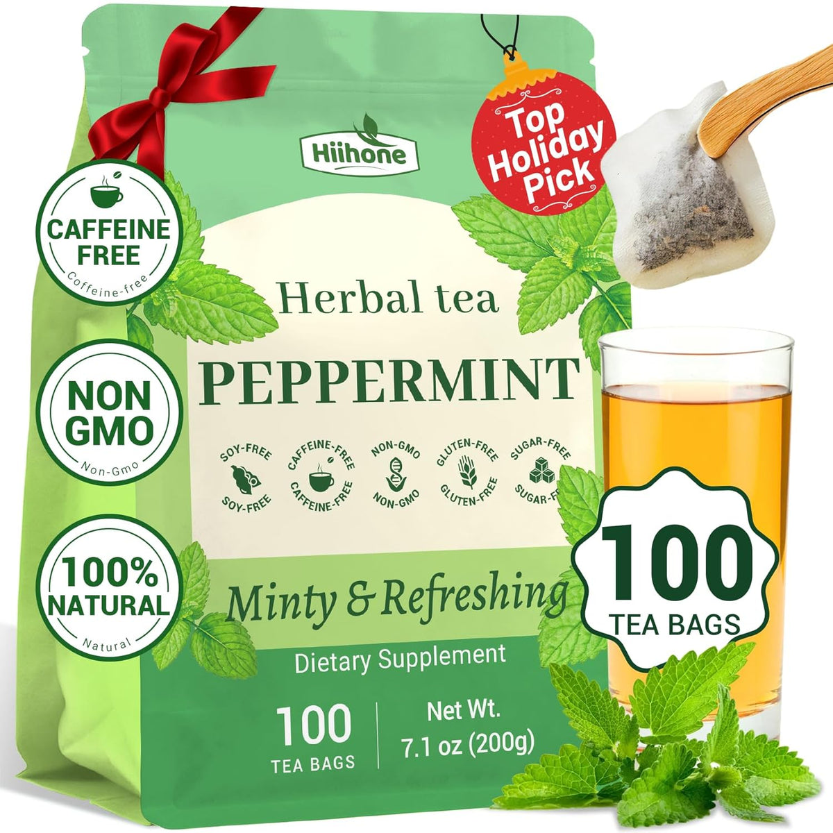 Hiihone Peppermint Tea Bags 100 Count – Pure Peppermint Mint Tea, Caffeine-Free Herbal Tea, Minty & Refreshing, Non-GMO, Soothing & Digestive Support