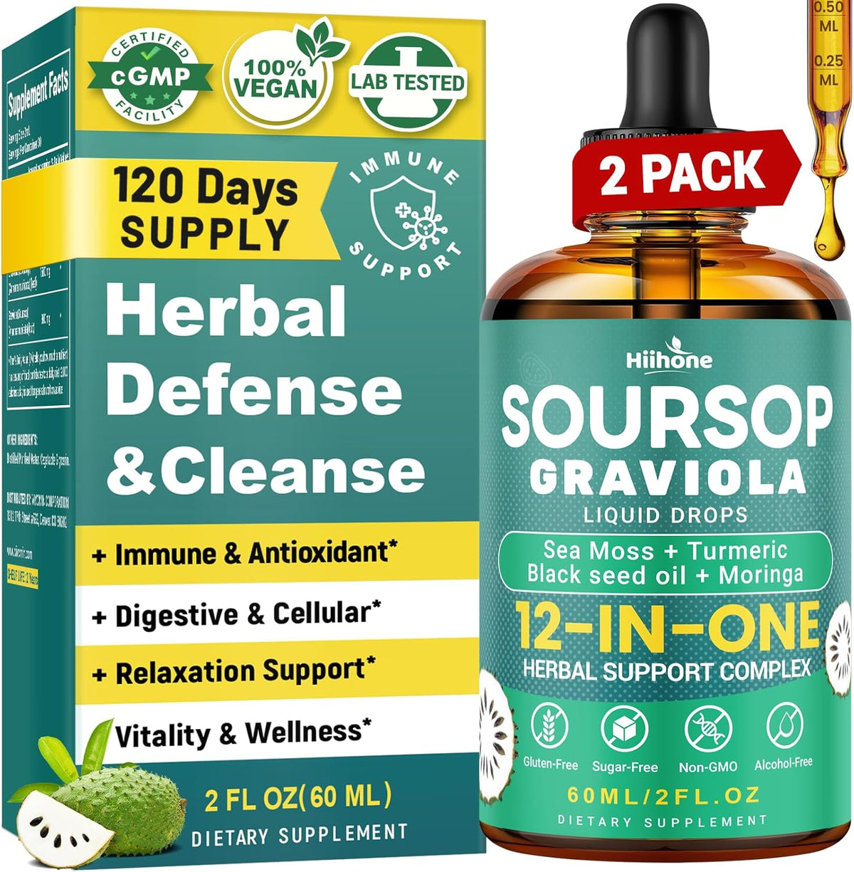 HIIHONE (2 Pack) 12-in-1 Soursop Bitters Liquid Drops with Sea Moss, Black Seed Oil, Moringa for Cell Support & Regeneration, Immunity, Liver, Gut & Antioxidant